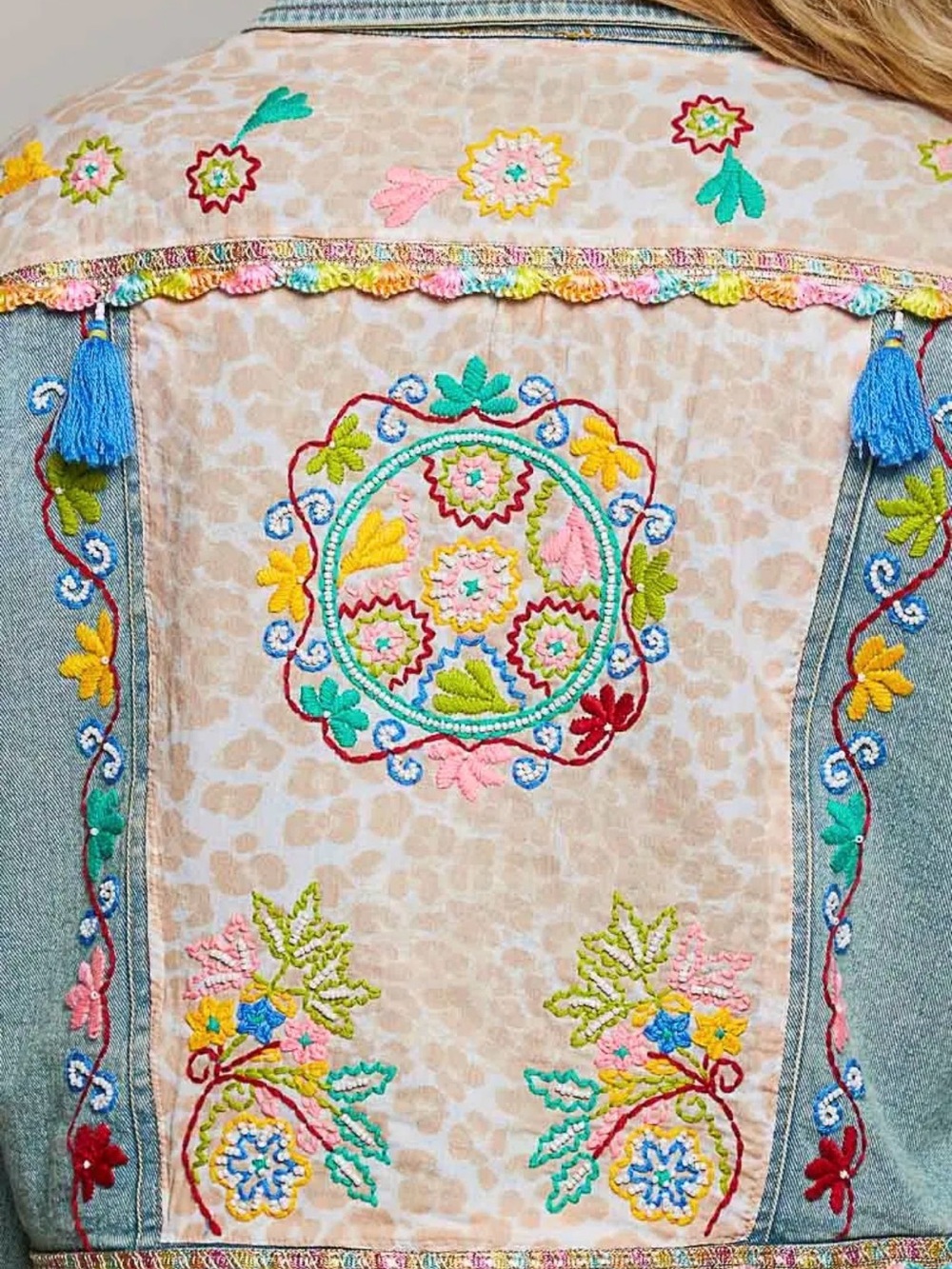 POL denim beaded sequin boho western tassel patchwork floral jean jacket coat - Picture 4 of 4